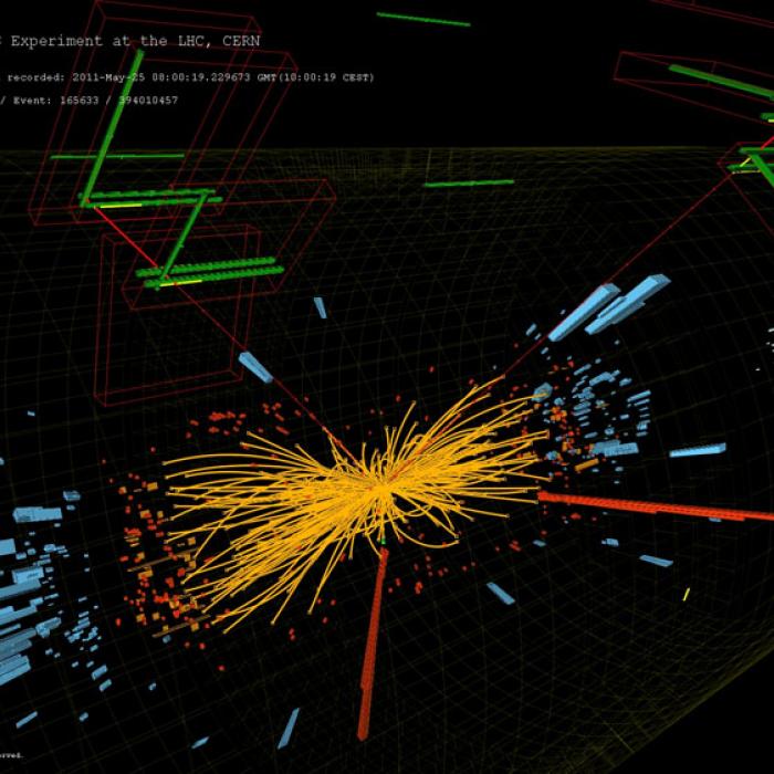 Real CMS proton-proton collisions events in which 2 high energy electrons and two high energy muons are observed